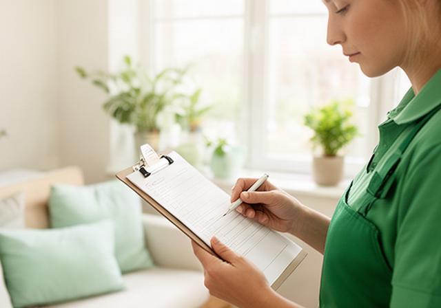 Cleaning professional reviewing a home service checklist beside a bright window